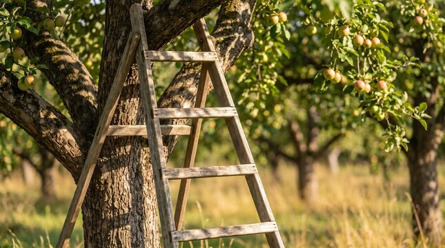 Apple picking ladder against tree, Wooden ladder leaning against apple tree in orchard during harvest  