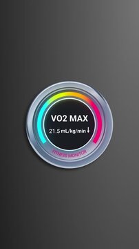 Fitness monitor vertical widget displaying declining VO2 Max level in mL kg min on dark background