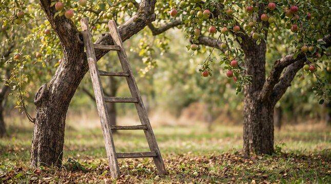 Apple picking ladder against tree