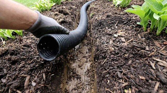 Gloved worker installing a black corrugated drain pipe in a garden trench for backyard water drainage and home improvement.