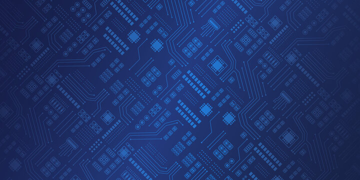 Abstract circuit board pattern featuring intricate blue electronic pathways and microchips on a dark navy background, ideal for technology and cyber security concepts.
