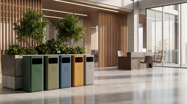Modern office lobby with colorful recycling bins and indoor plants