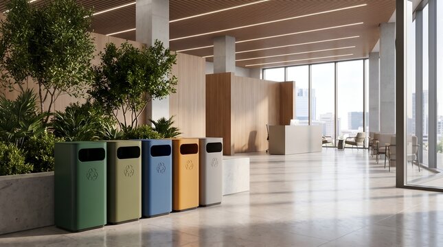 Modern office lobby with colorful recycling bins and plants