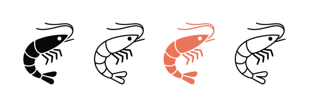 colorful shrimp icon collection featuring simple seafood symbols for restaurant, cooking and aquatic themes vector illustration