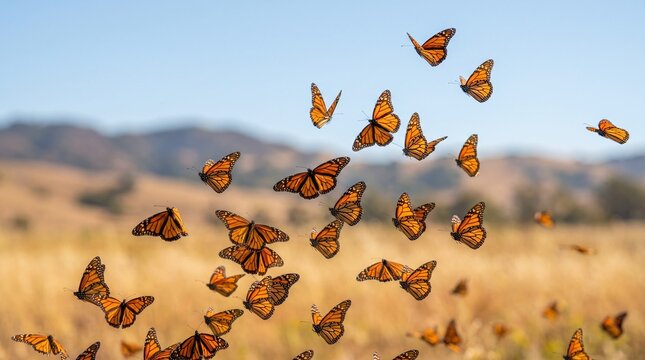 Migration of monarch butterflies, Swarm of orange butterflies flying over golden field in daylight  