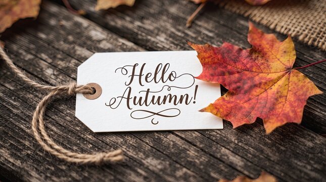 A paper tag with the text hello autumn placed on a rustic wooden table with colorful fall leaves