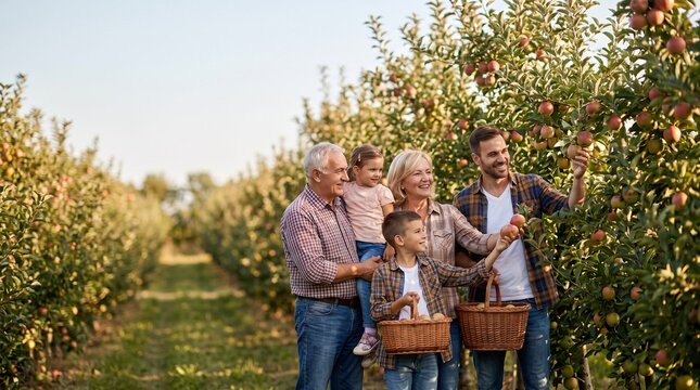 Family apple picking in orchard
