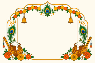 Fototapeta premium Traditional Indian Festival Krishna Janmashtami Frame with Peacock Feathers, Flutes, and Butter Pots Illustration