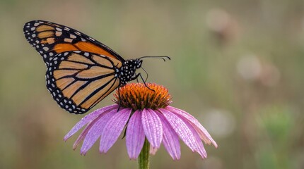 Obraz premium Monarch butterfly close up, butterfly perched on pink flower in natural setting 