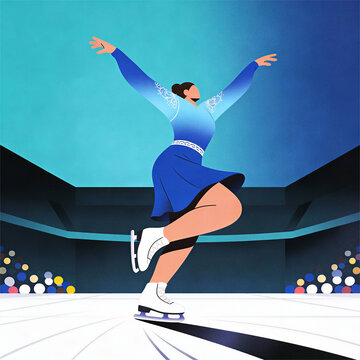 Female Figure Skater Performing a Graceful Spin on Ice Rink, Modern Flat Illustration of Winter Sports, Athletic Performance, Elegance, Competition and Olympic Concept
