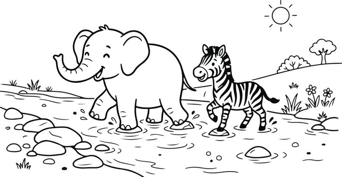 Cute cartoon elephant and zebra walking together in the savanna for a fun children coloring page activity