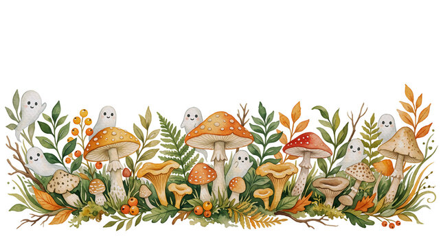 Cute watercolor ghosts hiding among autumn mushrooms and forest foliage horizontal border, kawaii fall botanical frame on paper texture, isolated illustration
