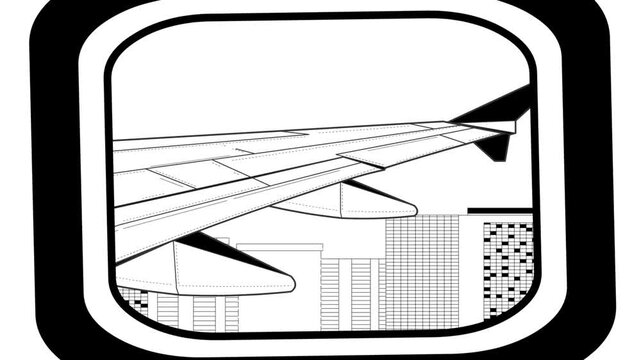 Cartoon style animation of a plane in flight, wing view from the window in black and white, buildings, art, drawing, 2D.