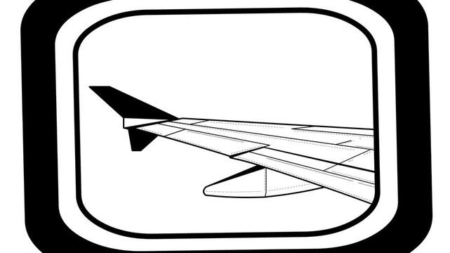 Cartoon style animation of a plane in flight, wing view from the window in black and white, art, drawing, 2D.