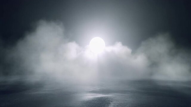 Mysterious night sky background with bright moonlight piercing through thick fog and mist.