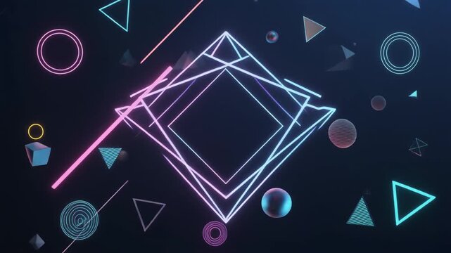 Abstract futuristic glowing neon geometric shapes floating on dark background, 3D motion design.