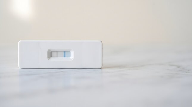 At-home test cassette with developing result line on marble surface, self diagnostics and home health testing concept art horizontal with copy space
