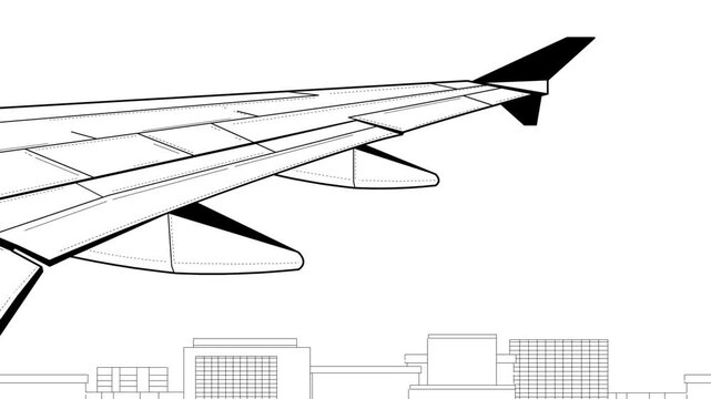 Cartoon style animation of a plane in flight, wing view landing, in black and white, art, drawing, 2D, buildings.