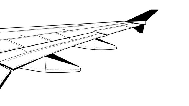 Cartoon style animation of a plane in flight, wing view landing, in black and white, art, drawing, 2D.
