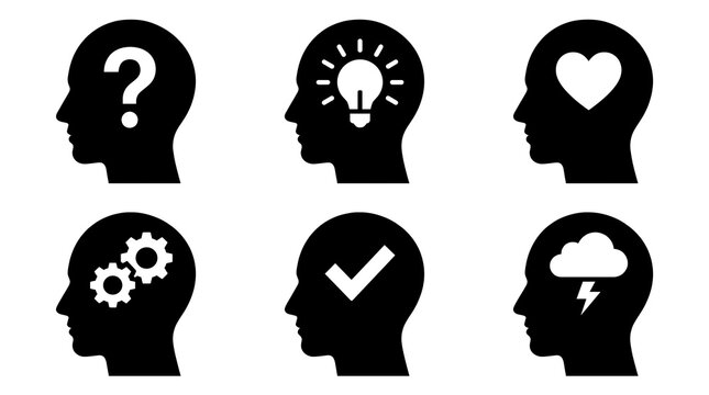 Set of Human Head Profile Silhouette Icons with Various Mental State Symbols