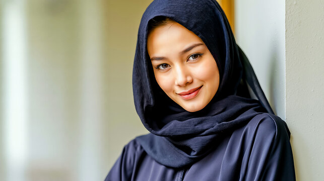 A woman wearing a black hijab and dress smiling and looking to the side