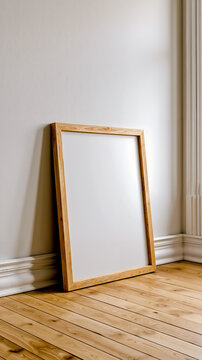A wooden picture frame leaning against a wall