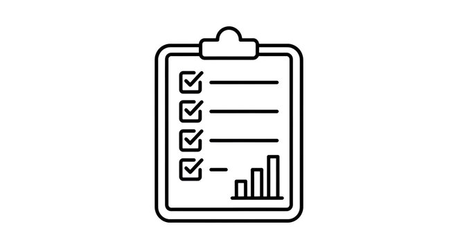 A minimalist black outline vector icon featuring a clipboard with completed checklist items and a bar chart