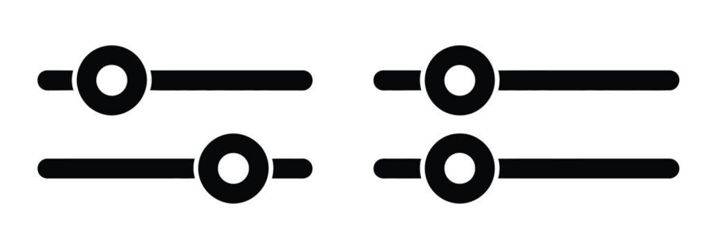 Horizontal slider control icons with equalizer, volume adjustment, audio tuning, and customization symbols in outline, silhouette, and flat vector styles.