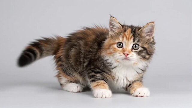 Playful Calico Kitten Crouched in Play Pounce Stance on Grey Studio Background