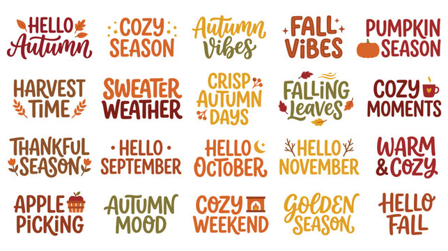 Autumn lettering and seasonal typography design element set collection.