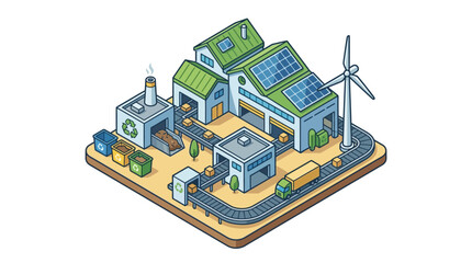Fototapeta premium Isometric illustration of a modern eco-friendly recycling factory with renewable energy.