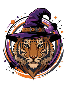 Cute Tiger Wearing Witch Hat Halloween Mascot Vector Illustration with Magical Spooky Elements
