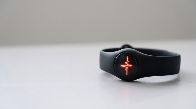 Wearable health tracker with glowing pulsing heart rate waveform on grey surface, self diagnostics and remote health monitoring concept art horizontal with copy space