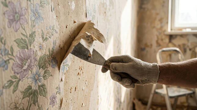 Home renovation process of removing old wallpaper using a spatula.