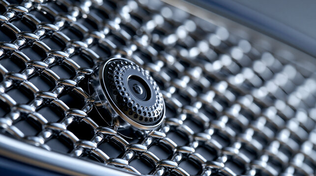 Front parking camera embedded in a clean grille mesh, bright macro view of modern surround-view technology, parking assistant, automotive sensor, front camera, reverse camera system,