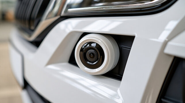 Front parking camera embedded in a clean grille mesh, bright macro view of modern surround-view technology, parking assistant, automotive sensor, front camera, reverse camera system,