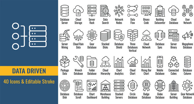 Data Driven line icons in editable stroke style. Data analytics, business intelligence, dashboard, metrics, KPI, data visualization, decision making collection. Vector