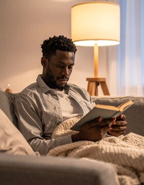 Man Reading Book Comfortably Under Blanket on Sofa