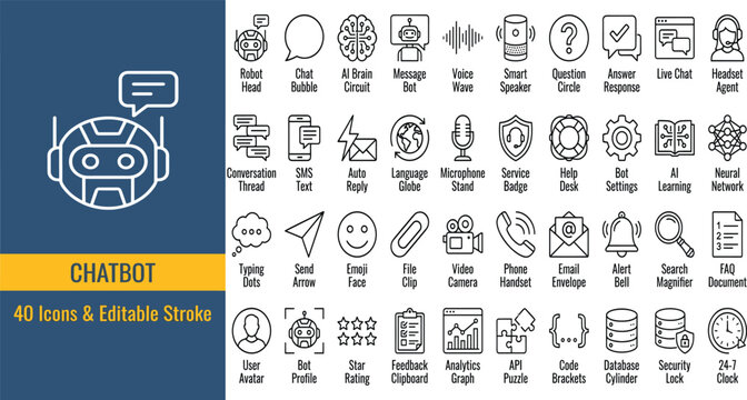 Chatbot line icons in editable stroke style. AI chat, virtual assistant, customer support, messaging, automation, conversational AI, help desk collection. Editable stroke. Vector