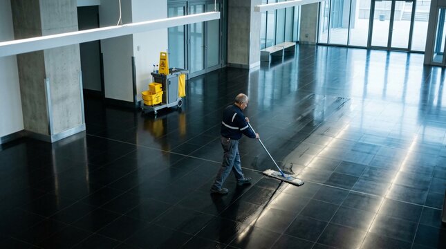 Male janitor mopping shiny dark tiled floor in modern office lobby, representing essential labor, facility maintenance, and dedicated service work.