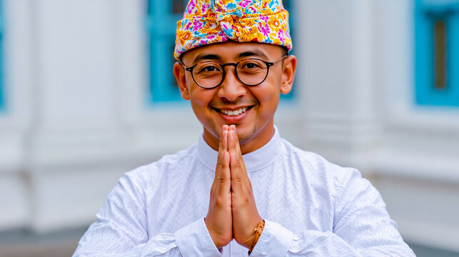 A man wearing glasses and a colorful hat is smiling and holding his hands together in a prayer position