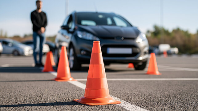 Young driver practicing parallel reverse parking between orange cones with an instructor nearby, bright training ground, driving lesson, learner driver, reverse parking, parking cones,