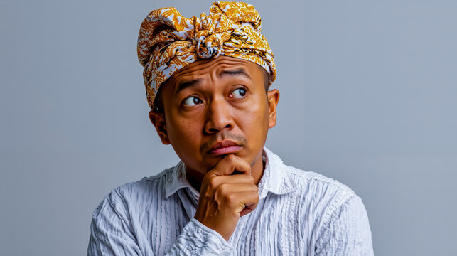 A man with a thoughtful expression wearing a yellow and white head wrap is looking up and to the side