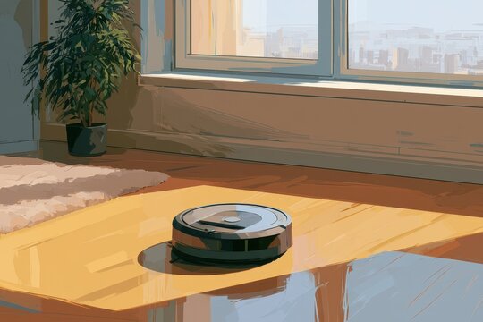Modern living room scene with a generic autonomous cleaning robot on a parquet floor