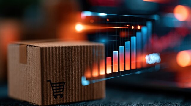 Close-Up Delivery Box with Holographic Shopping Data Visuals