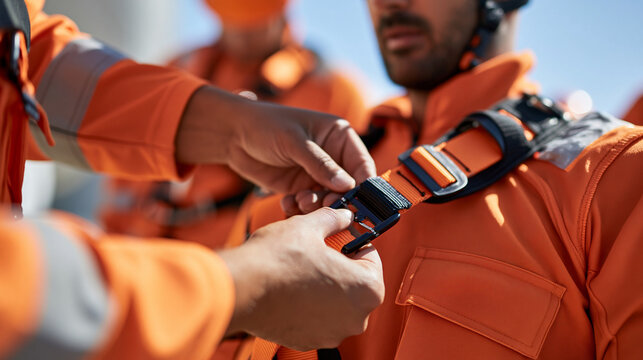 Close-up of hands demonstrating fall protection system in training, adjusting harness on mannequin, proper fit safety concept, defocused background, with copy space