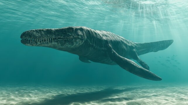 Mosasaurus swims toward the camera in clear, sun-dappled ancient ocean