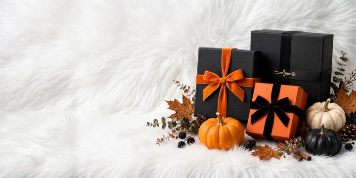 Halloween Black Gift Boxes Orange Ribbons and Pumpkins on White Fur