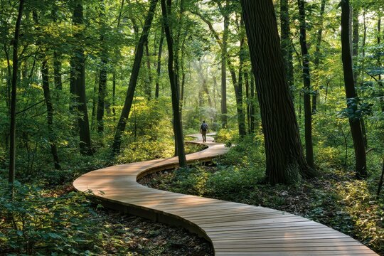 Morton Arboretum Trail: Sunlit wooden boardwalk through a lush forest
