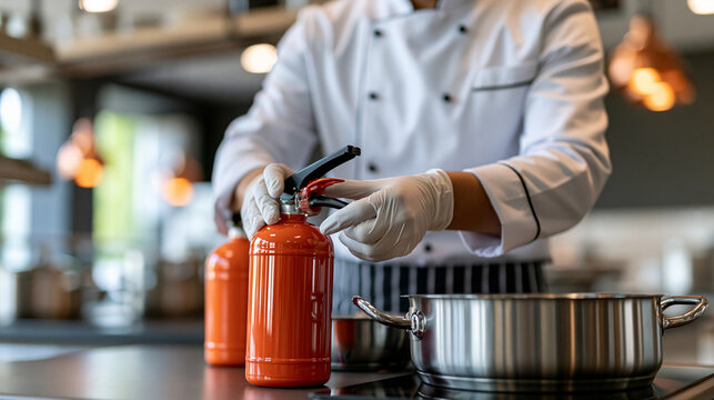 Faceless chef using fire extinguisher in commercial kitchen safety training scenario, defocused background, with copy space
